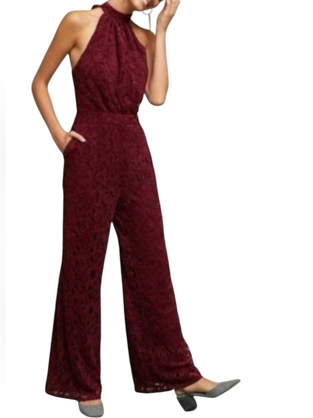 Anthropologie Ettitwa Burgundy Lace Halter Wide Leg Jumpsuit Wedding Guest 12